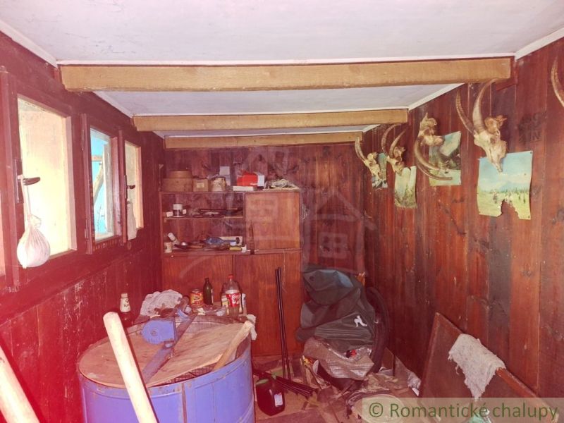 The interior of a cabin with wooden decor, a shelf, and trophies on the wall.