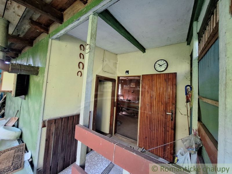 Entrance area of a cabin with a clock on the wall, a door, and an interesting wooden structure.