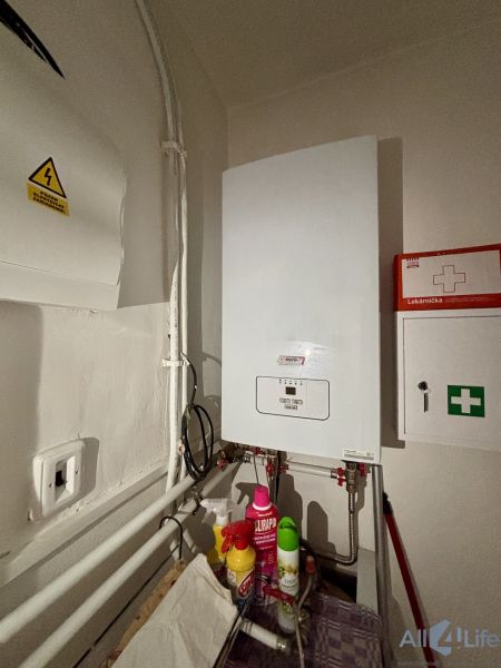 Gas boiler and first aid kit in the utility room of a 3-room apartment.