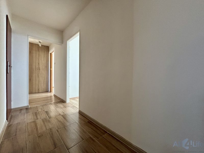 A hallway in a 3-room apartment with a floor featuring a wood design and a wooden wardrobe.