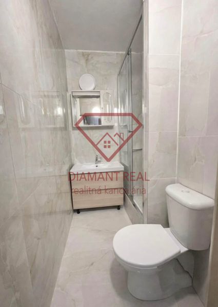 Bathroom with toilet in a 2-room apartment, equipped with a shower and a washbasin cabinet.