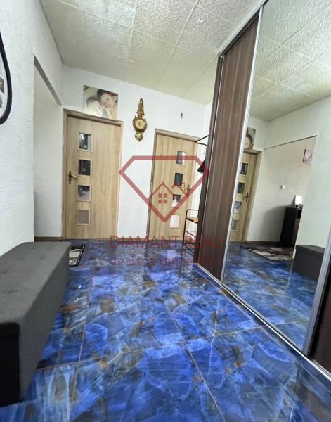 A hallway in a 2-room apartment with a blue floor and a sliding wardrobe.