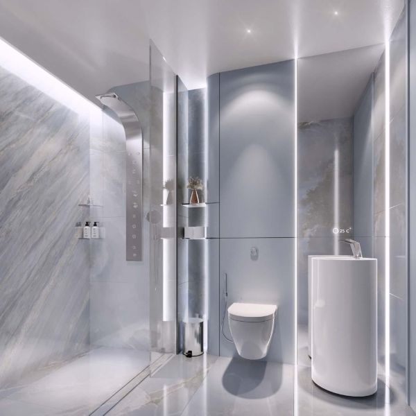 Stylish bathroom in a holiday apartment with a modern shower and designer sink.