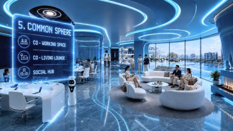 Futuristic recreational apartment with views through glass walls, sleek lighting, and a robot.