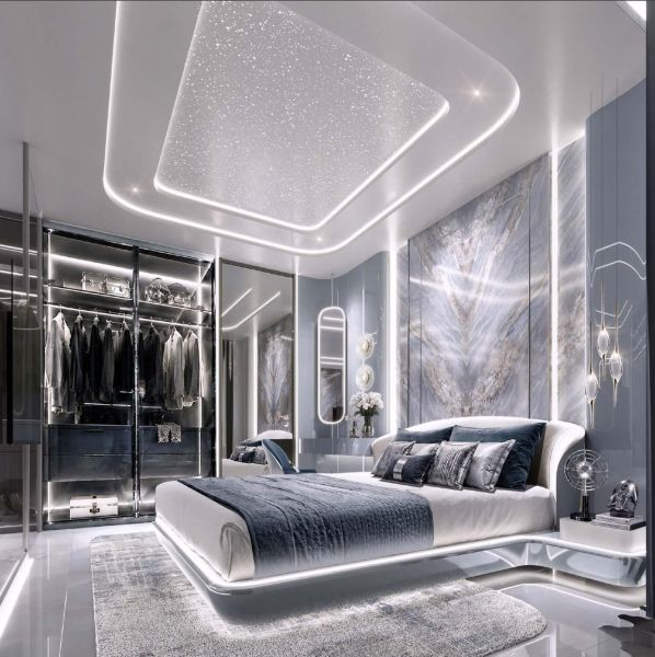 Recreational apartment with a luxury bedroom, light decoration, and wardrobe.