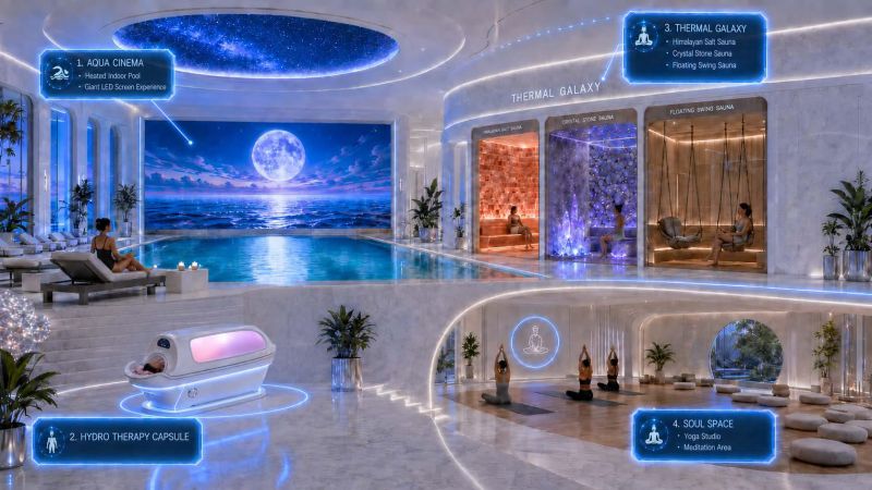 Luxury wellness in a Recreational Apartment with a pool, saunas, and relaxation zones.
