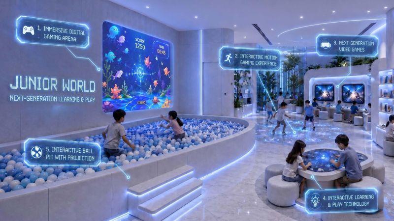 Interactive gaming center of a recreational apartment with projection and digital games.