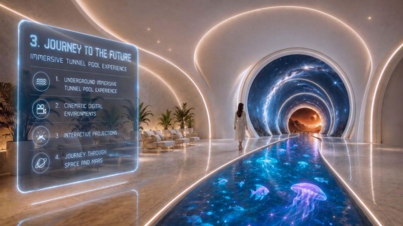 Futuristic interior in a recreational apartment with digital projections and a floor with wooden decor.