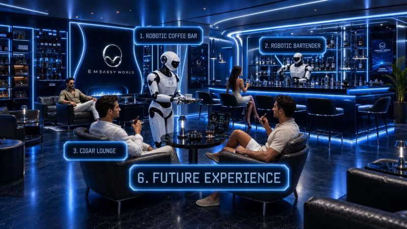Robotic bar and lounge with modern interior, technological future in the Recreational Apartment.