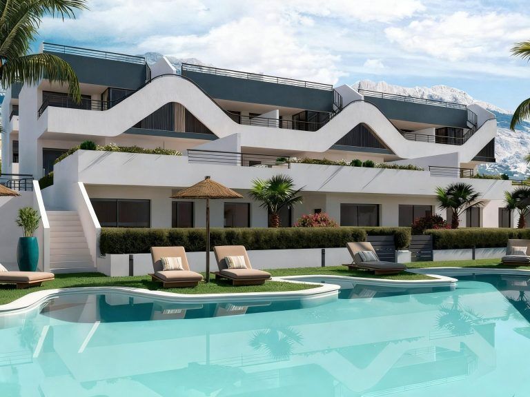 Apartment complex with a pool in Costa Blanca, ideal for a 3-bedroom apartment.
