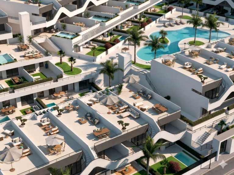 Residential complex in Costa Blanca with pools, terraces, and palm trees, suitable for 3-bedroom apartments.