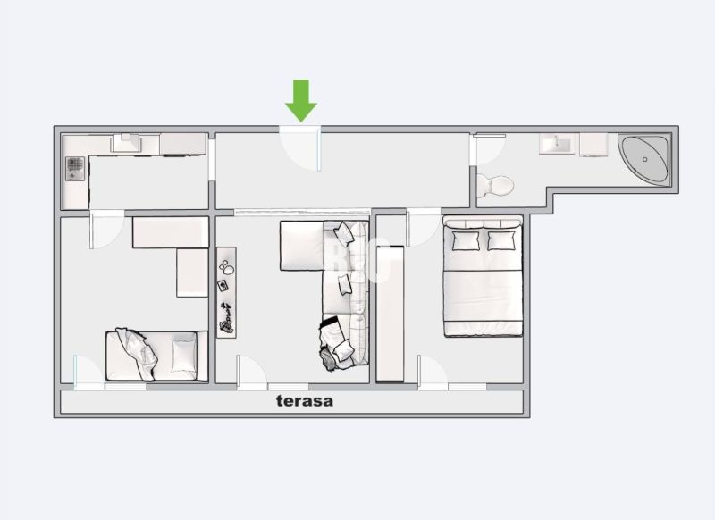 Floor plan of a 3-room apartment with a terrace, kitchen, and bathroom.