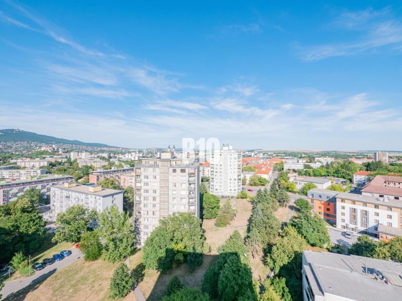 A view of the city of Nitra with 3-bedroom apartments and greenery under a blue sky.