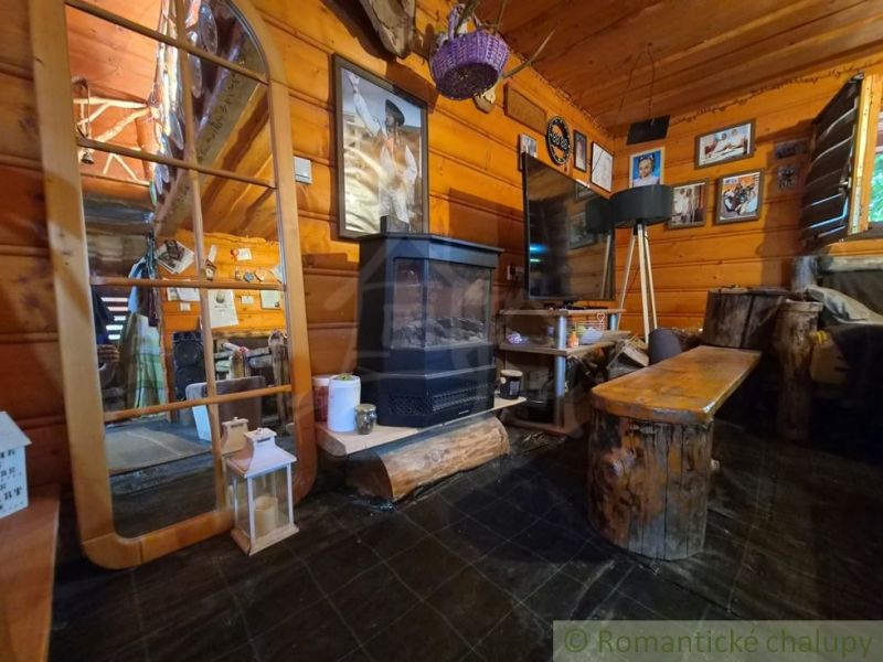 A room in a family house with wooden paneling, rustic decorations, and a fireplace.