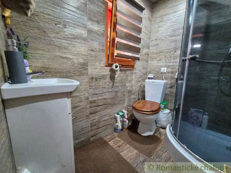 A bathroom in a family house with a toilet, a shower, and decor reminiscent of wood.