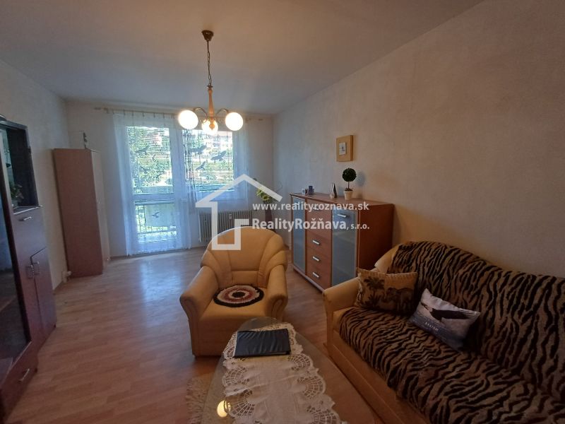 Living room with a sofa and an armchair, floor with wood decor, furnishings of a 3-room apartment.
