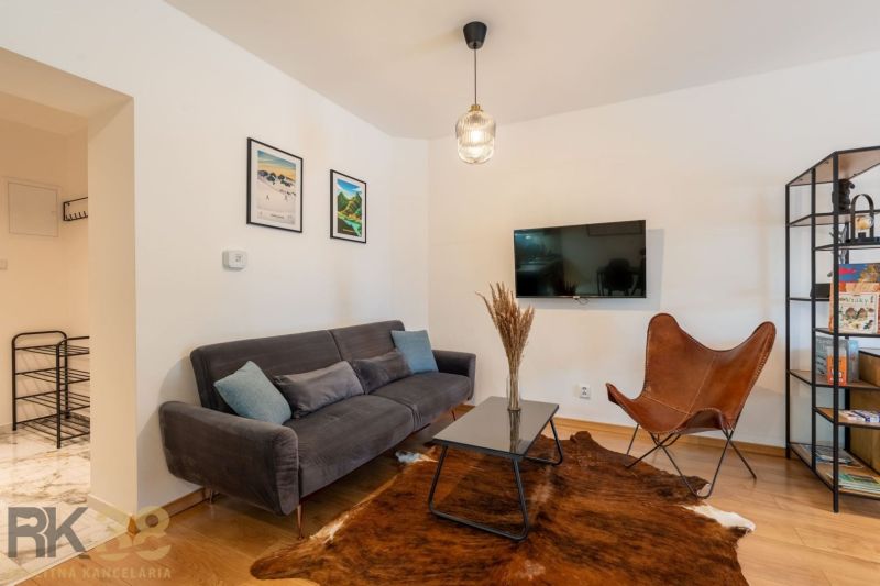 Living room in a two-room apartment with a wooden decor floor and a leather armchair.