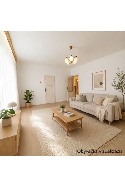Living room in a family house with neutral furniture and a wooden decor floor.