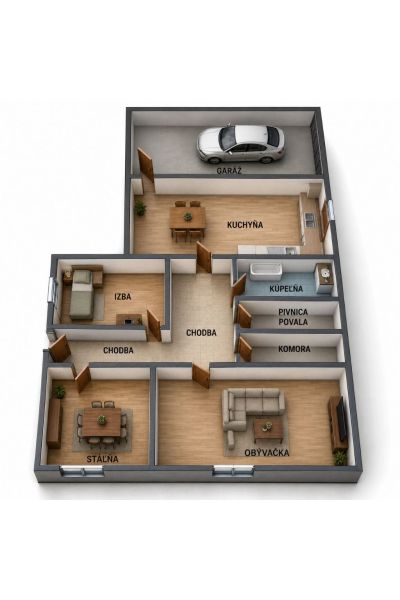 Floor plan of a family house with a garage, living room, kitchen, and other rooms.