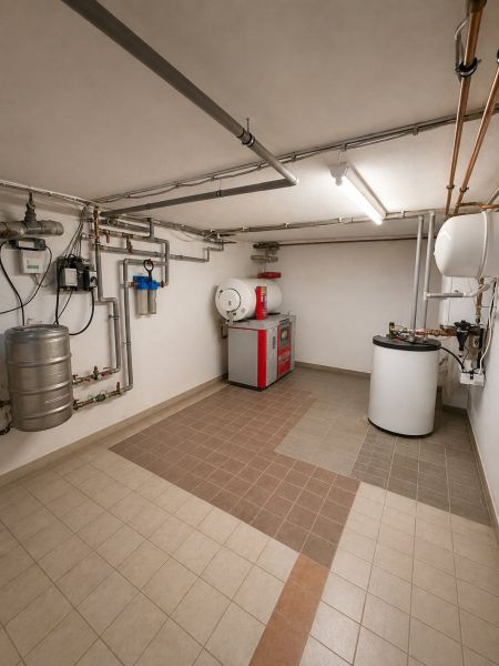 Boiler room in a family house with equipment and tiles in neutral tones.