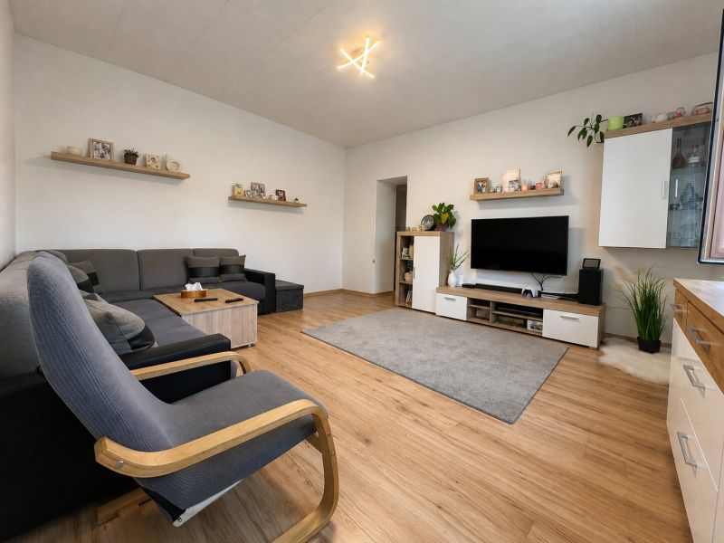 Living room in a family house with a comfortable sofa, TV, and wooden decor flooring.