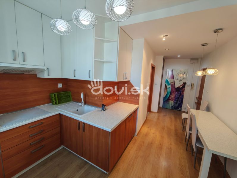 A kitchen in a studio apartment with wood-patterned flooring and modern lighting.