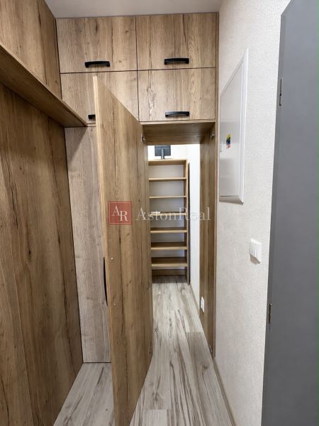 Storage space with wood decor in the hallway of a 3-room apartment.