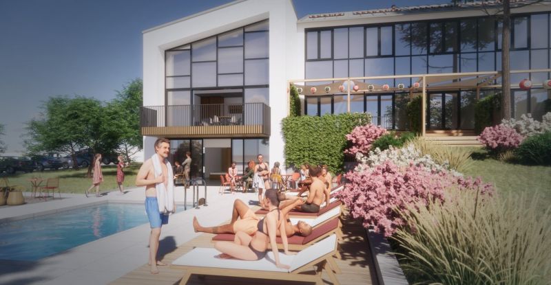 Garden of the Recreational Apartment in Košice, Staré Mesto district, with a pool and relaxation zone.
