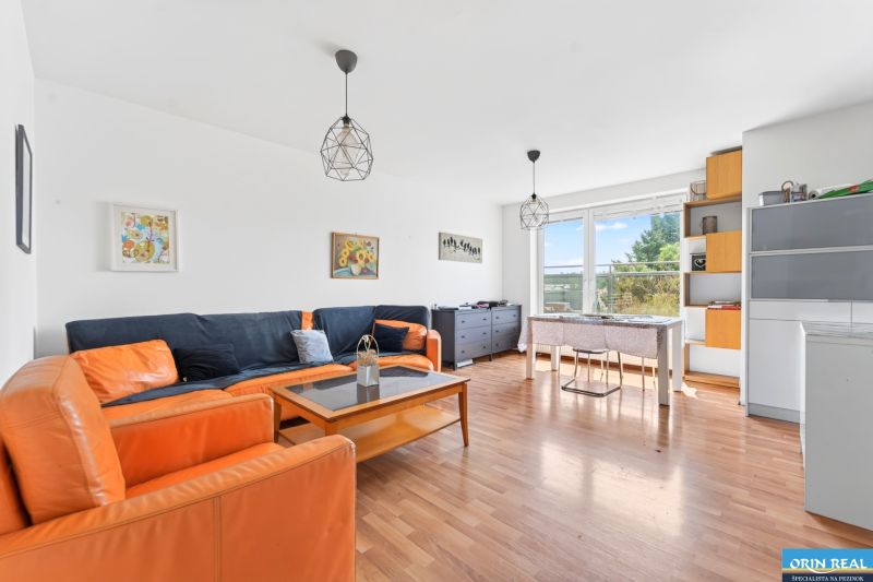 Living room of a three-room apartment with sofas, a table, and a wooden decor floor.