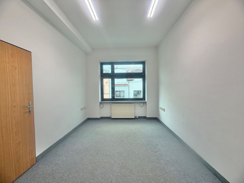 Office with white walls, carpeted floor, window, and wooden door.