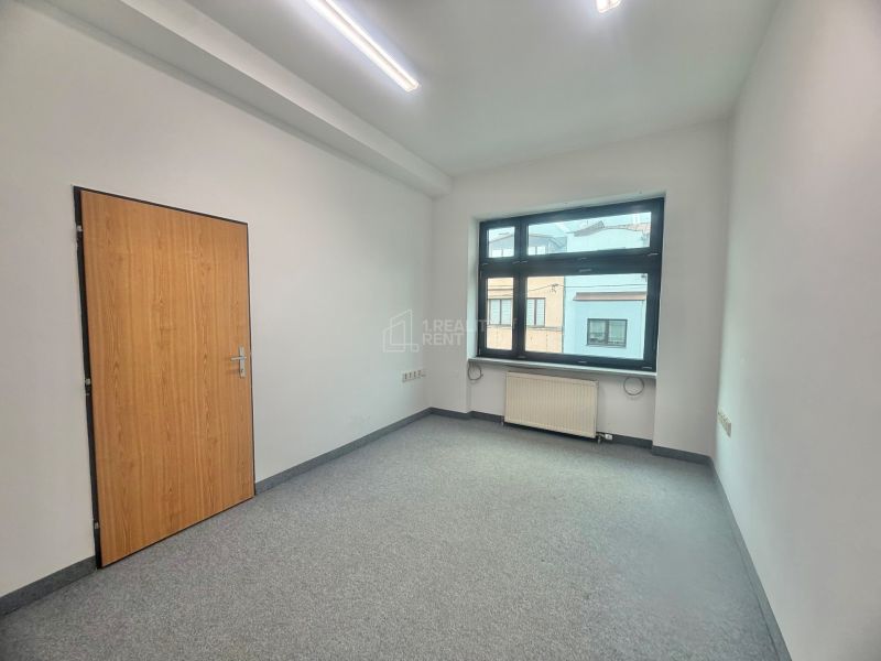 Office with one window, carpet, and door with wooden decor.