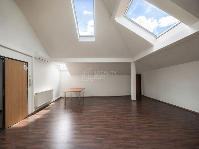 Spacious offices with wood-patterned flooring and skylights.