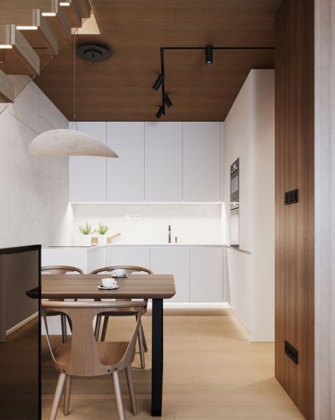 Dining area in a studio apartment with wood-patterned flooring and a wooden ceiling.