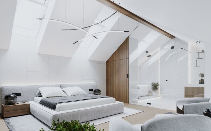 A stylish bedroom with a large bed, complemented by glass doors and a wooden decor floor.