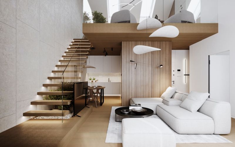 Bright 1-room apartment with open stairs and wood-patterned flooring.