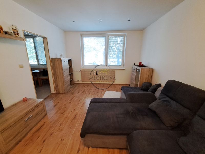 Living room in a 3-room apartment with a comfortable sofa and a wooden decor floor.