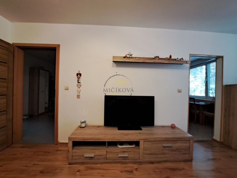 Living room in a 3-room apartment with a wood-patterned floor and a television on a cabinet.