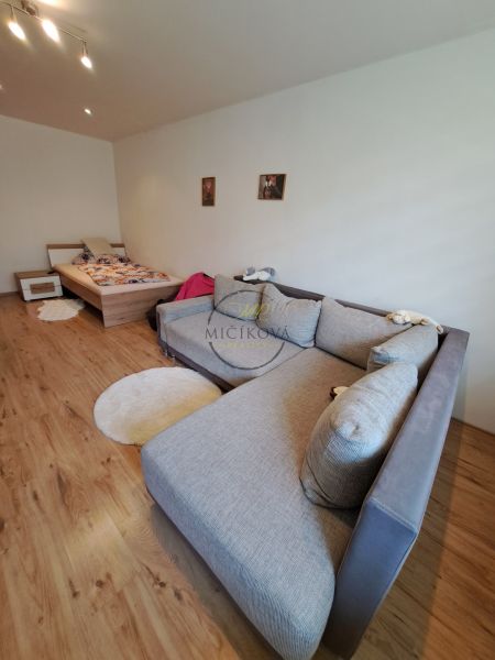 Living room in a 3-room apartment with a corner sofa and a bed, wooden decor flooring.