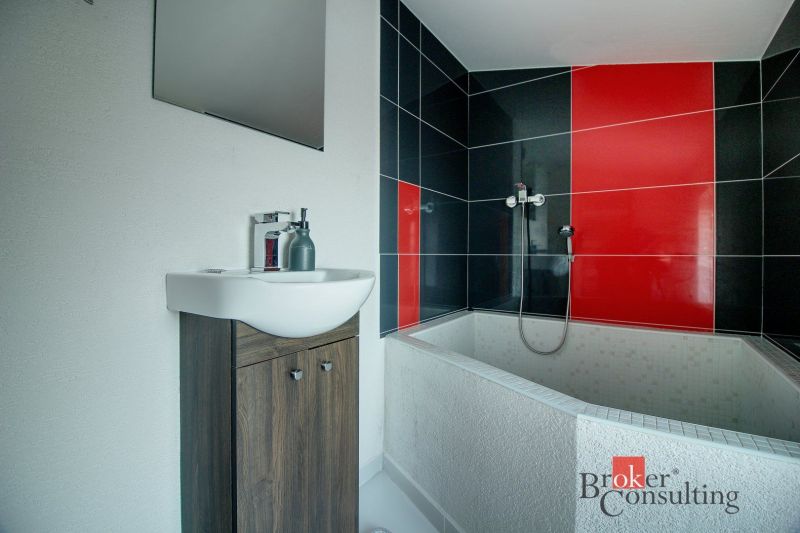 A bathroom in a family house with black and red tiles and a sink on a cabinet.