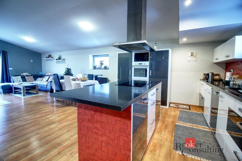 Open kitchen and living room with wood-patterned flooring in a family house.
