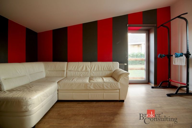 White sofa, exercise equipment, wooden-patterned floor, striking red and black walls.