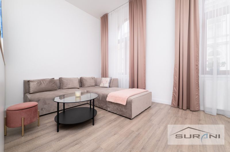 Living room in a two-room apartment with a wooden decor floor and pink curtains.
