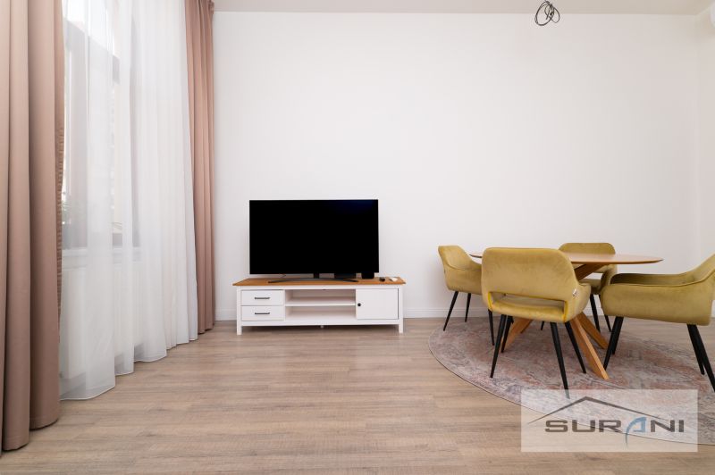 Living room with a table and television, floor with wooden decor, 2-room apartment.