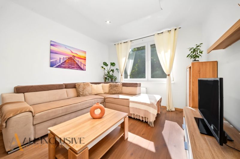 Bright living room in a two-room apartment with a comfortable sofa and wooden decor flooring.