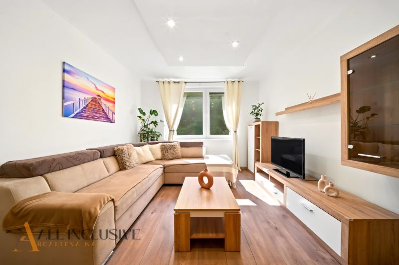 Living room with a corner sofa, decorations, wood-patterned flooring, and a television.