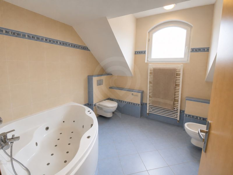 A bathroom in a family house with a hydromassage bathtub and blue tiles.