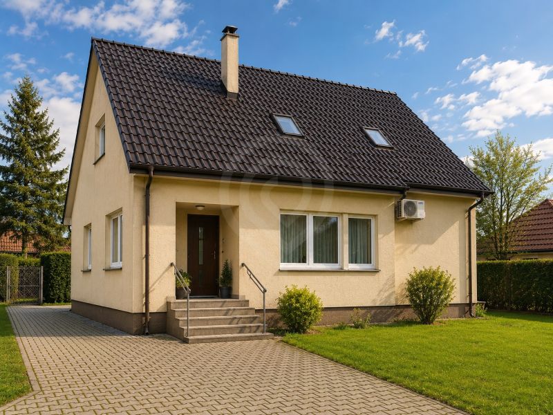 A family house in Šamorín with an asphalt roof, a front garden, and a paved access walkway.