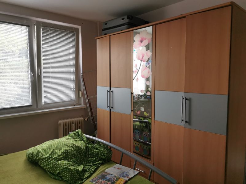 A bedroom in a studio apartment with a wardrobe and a bed.