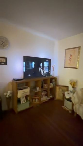 Living room in a family house with a television and a wooden decor floor.