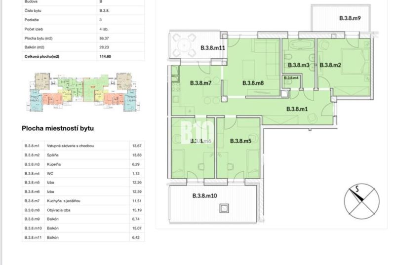 Floor plan of a 4-room apartment with room layout and area in square meters.
